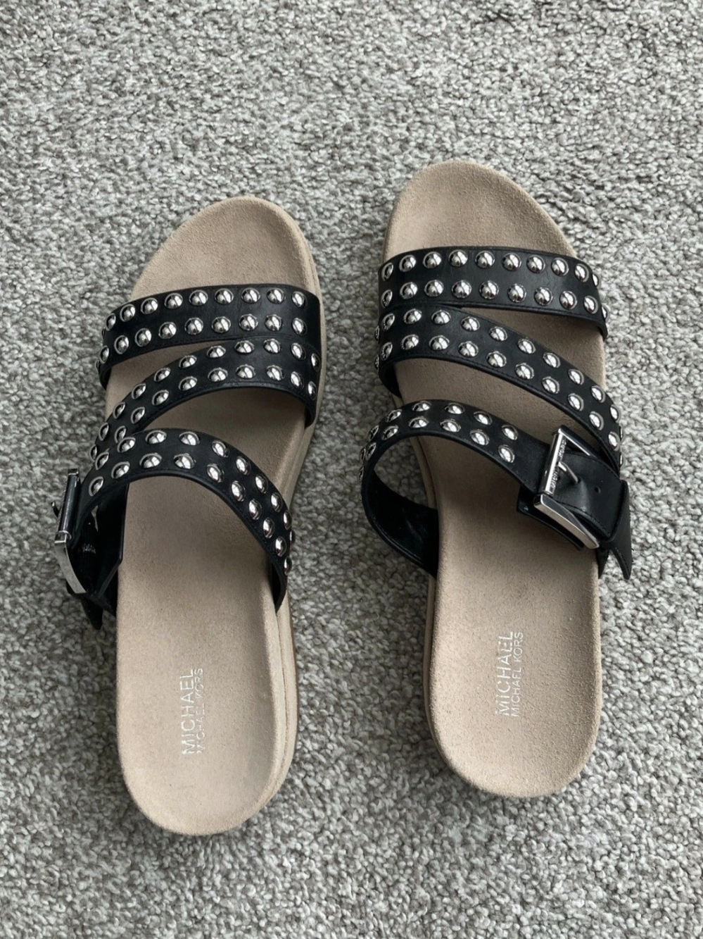 MICHAEL Michael Kors Black Studded Triple-Strap Slide Sandals